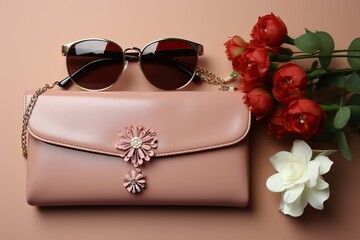 Pink clutch with sunglasses on pink background, top view of accessories.