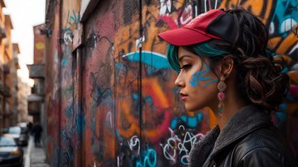 Fototapeta na wymiar Beautiful girl on the background of the wall with graffiti image (3)