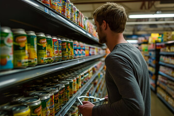 Fototapeta premium man pushing a cart and looking at the shelves of canned goods