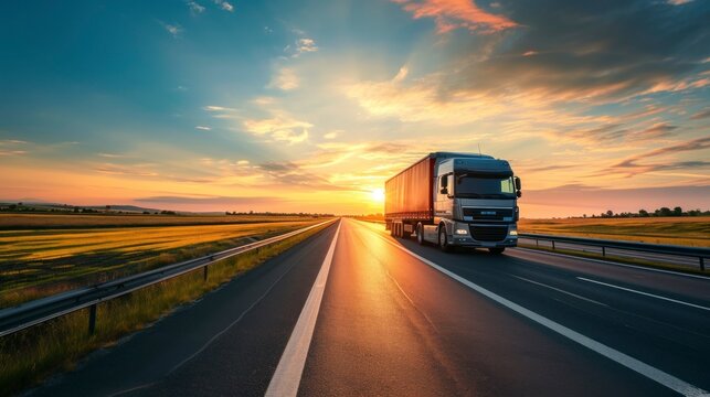 highway truck on a big road in a beautiful sunrise or sunset