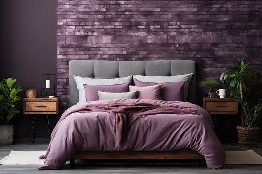 violet bedroom, purple walls and purple bedding, front view of a sleeping bed in the room.