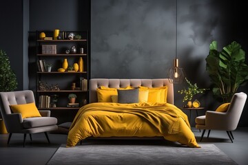 Bedroom in yellow and gray colors, front view of the bed.