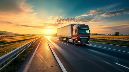 highway truck on a big road in a beautiful sunrise or sunset 4k