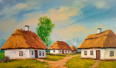 Oil paintings rural landscape, spring, old house in the village, old house in the countryside - obrazy, fototapety, plakaty