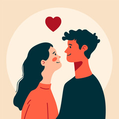 A couple in love with a heart. Flat vector illustration for Valentine's Day. A young guy and a girl look at each other and smile