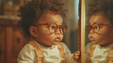 A heart-melting moment captured in a photograph, featuring a baby with curly hair and glasses, gazing curiously at a mirror, exploring their own reflection with innocence and fasci - obrazy, fototapety, plakaty