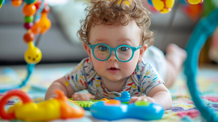A heartwarming image of a curly-haired baby wearing glasses, enjoying tummy time on a soft playmat, reaching out to touch colorful hanging toys, showcasing the natural curiosity an