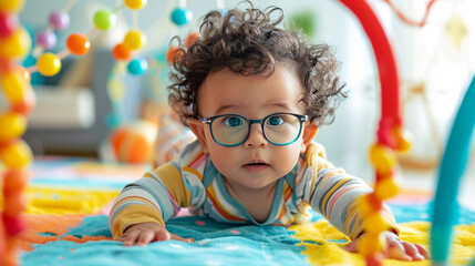 A heartwarming image of a curly-haired baby wearing glasses, enjoying tummy time on a soft playmat, reaching out to touch colorful hanging toys, showcasing the natural curiosity an - obrazy, fototapety, plakaty