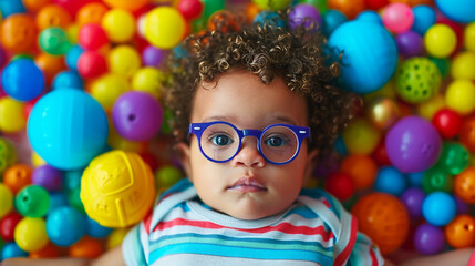 Fototapeta na wymiar A visually elaborate composition of a baby with curly hair and glasses, surrounded by vibrant, age-appropriate toys that encourage sensory exploration, emphasizing the importance o