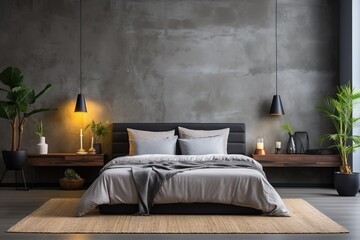 A bedroom with a minimal interior and gray walls.