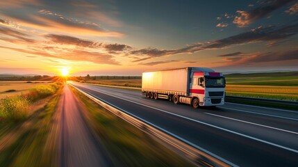 highway truck on a large road in a beautiful sunrise or sunset in high resolution and quality. transportation concept or banner on the truck - obrazy, fototapety, plakaty