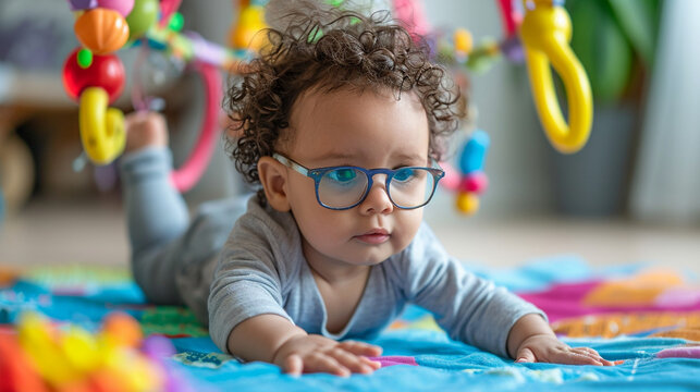A heartwarming image of a curly-haired baby wearing glasses, enjoying tummy time on a soft playmat, reaching out to touch colorful hanging toys, showcasing the natural curiosity an