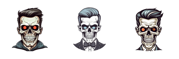 Retro style man with skull head. Cartoon vector illustration