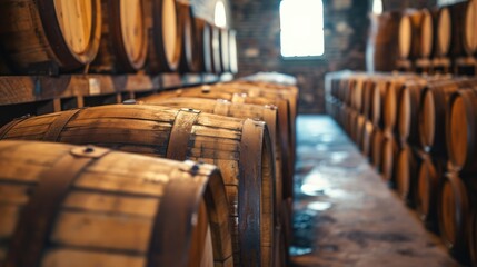 Wine barrels in a cellar or whiskey barrels being held in a distillery for aging. Old ringed barrels creating great tasting water of life.