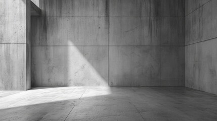 Simple concrete room with light hitting the floor and the wall at an angle, brutalist architecture. Warmth in brutalism.
