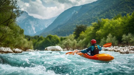 Kayaking next to a majestic mountain rage, flowing rapids and a person on a kayak.