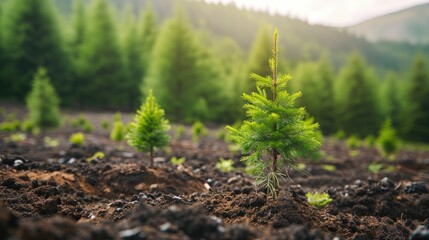 Planting new trees in an open area, coniferous saplings in fresh new soil in a forest. - obrazy, fototapety, plakaty