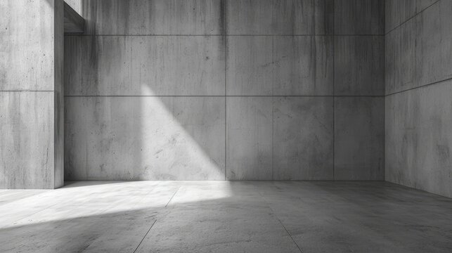 Simple concrete room with light hitting the floor and the wall at an angle, brutalist architecture. Warmth in brutalism.