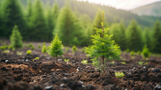 Planting new trees in an open area, coniferous saplings in fresh new soil in a forest.