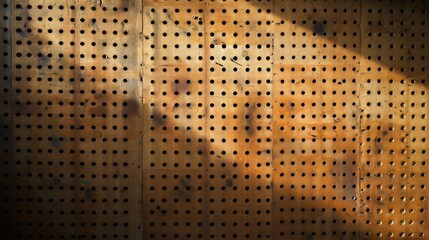Large vintage peg board background with warm light lighting the old surface. 