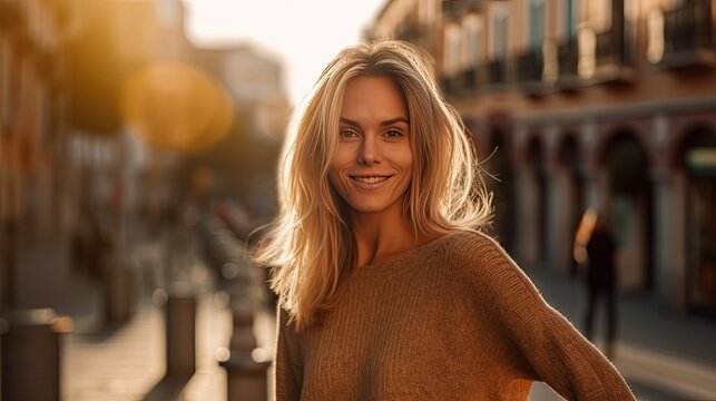 40 year old woman in Spain is standing in the city, the sun shines on her body, smiling without makeup, wearing a sweater, distant photo, real portrait