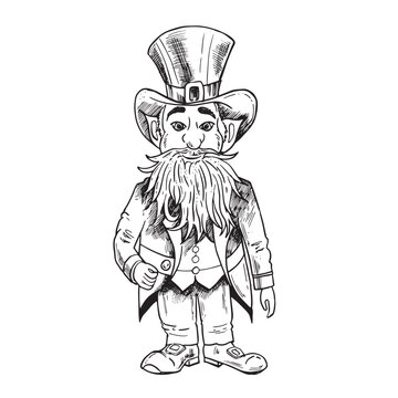 Leprechaun, with beard in gentleman hat for Saint Patrick Day, isolated on white. Hand drawn sketch illustration. For design, web, cards, black and white image
