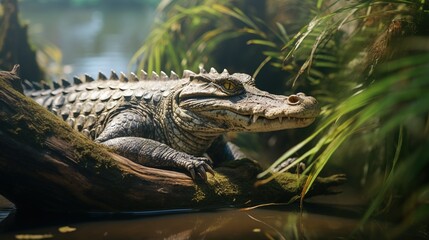 Obraz premium A crocodile basking in the sun near a riverbank