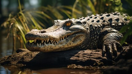 Obraz premium A crocodile basking in the sun near a riverbank