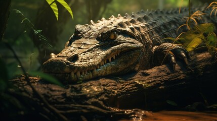 A crocodile basking in the sun near a riverbank - obrazy, fototapety, plakaty
