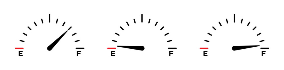 Car Fuel Indicator Vector Illustration Set. Gas Tank Meter Indicator Gauge Sign Suitable for Apps and Websites UI Design Style. - obrazy, fototapety, plakaty
