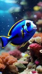 Fototapeta na wymiar Cute blue coral tang fish is swimming