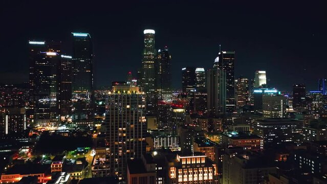Aerial panoramic view of Los Angeles downtown at night in California. Night time downtown Los Angeles. Financial District. 