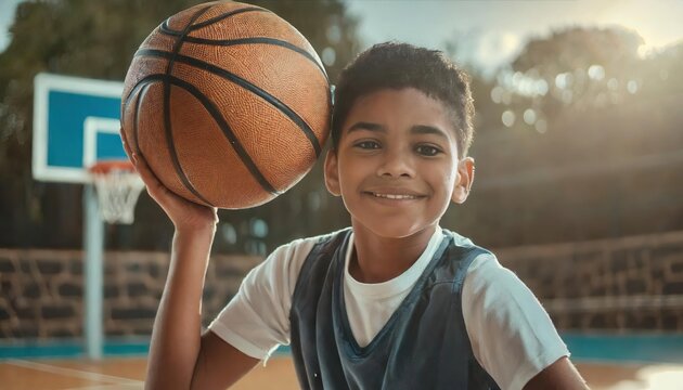 A young boy practices his basketball skills, aiming for the basket. His determination underscores the joy of the sport and the thrill of achievement