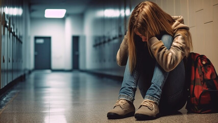 Teenage bullying sitting by locker against school corridor. Generative AI