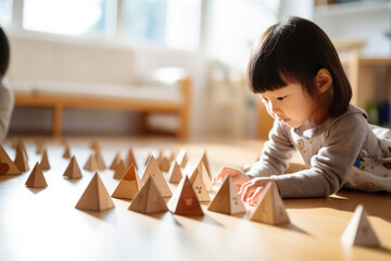 Young Child Engaged in Educational Play Arranging Wooden Blocks on a Sunny Day.