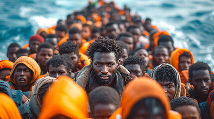 Boat full of african refugees - obrazy, fototapety, plakaty