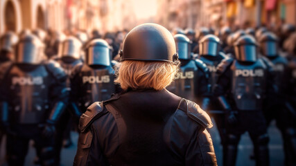 Rearward view of a woman anti riot overseeing a turbulent protest. Generative AI
