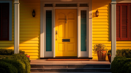 A picturesque yellow door stands as the gateway to a lovely abode. Generative AI - Powered by Adobe