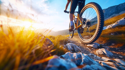 cyclist rides a mountain bike on a rocky path at sunset with golden light shining through the grass - obrazy, fototapety, plakaty