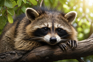 Naklejka na ściany i meble the raccoon was lying on the wood