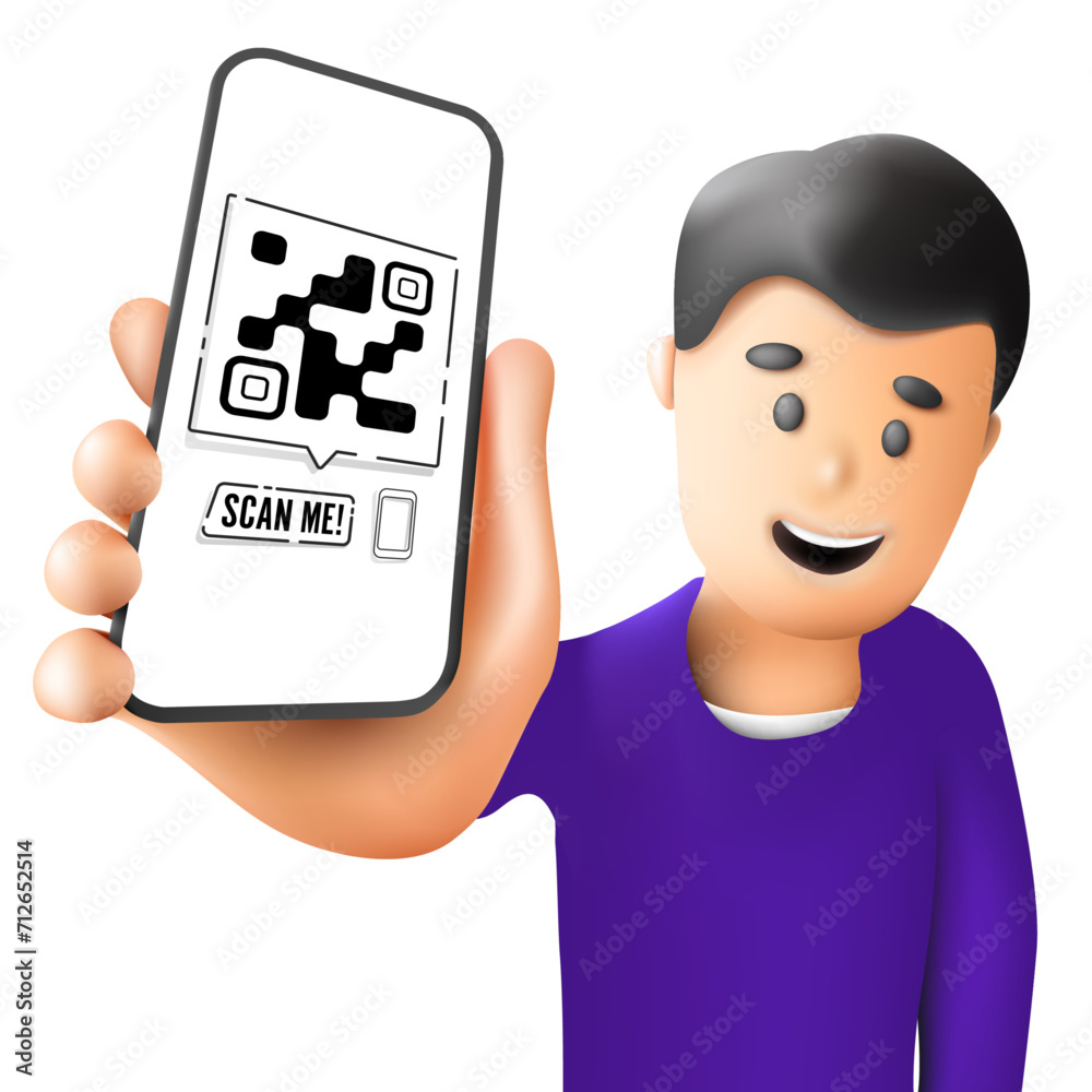 Wall mural a cartoon-style person displaying a phone with a qr code - vector illustration as a template for you