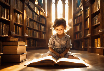 Children sit and read books in a large old library generative ai illustration art