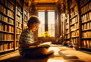 Children sit and read books in a large old library generative ai illustration art