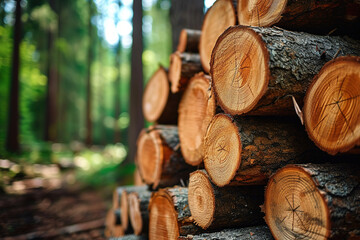 Stack of cutted trees in a forest