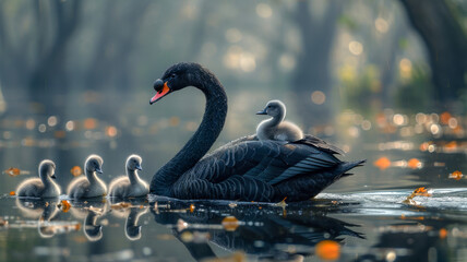Black swan and cygnets - obrazy, fototapety, plakaty