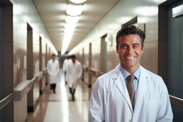 Fototapeta premium portrait of a European male doctor, a guy in a hospital gown, a smiling nurse, hospital corridor, national doctors Day, world Nurses Day