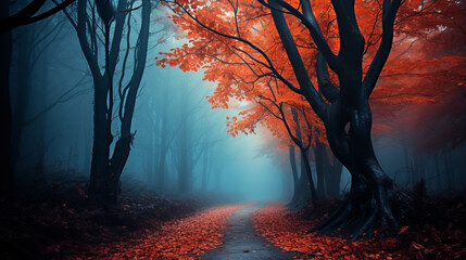 Beautiful mystical forest in blue fog in autumn. AI Generative.