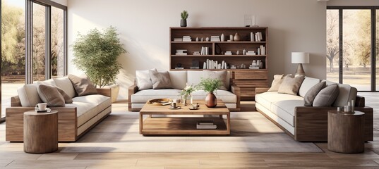 Modern living room interior with natural materials