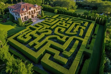Aerial view of luxurious hedge maze on private estate