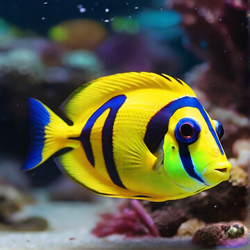 Cute blue coral tang fish is swimming